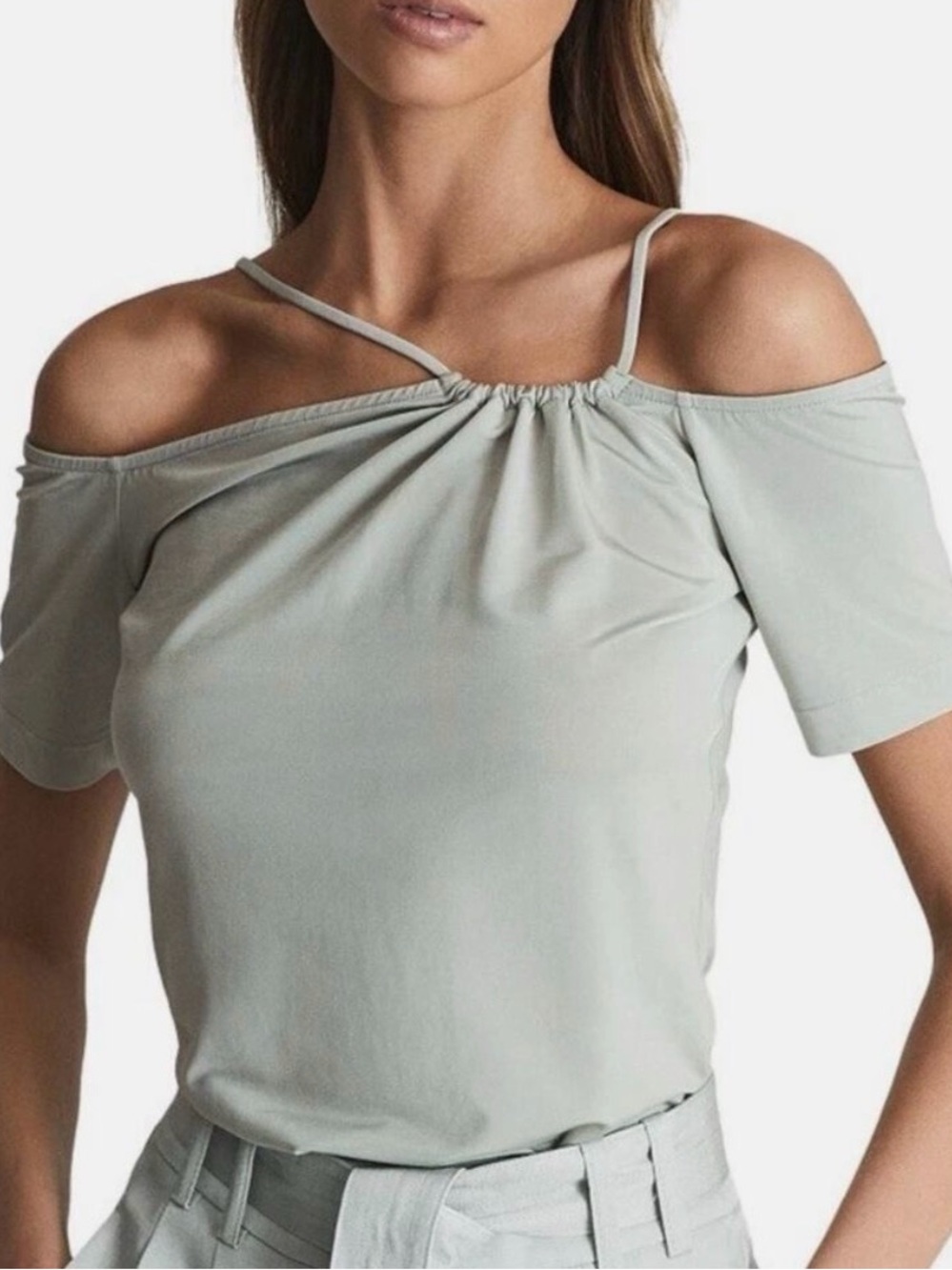 Reiss Cierra Off-Shoulder Asymmetric Strap Top in Sage Green